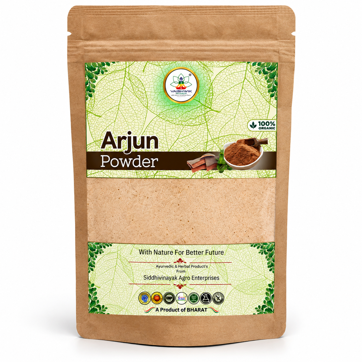 Vaishwik Prakruti Arjun Powder 100% Organic Ayurvedic Herbal Powder in Kraft Pouch on White Background