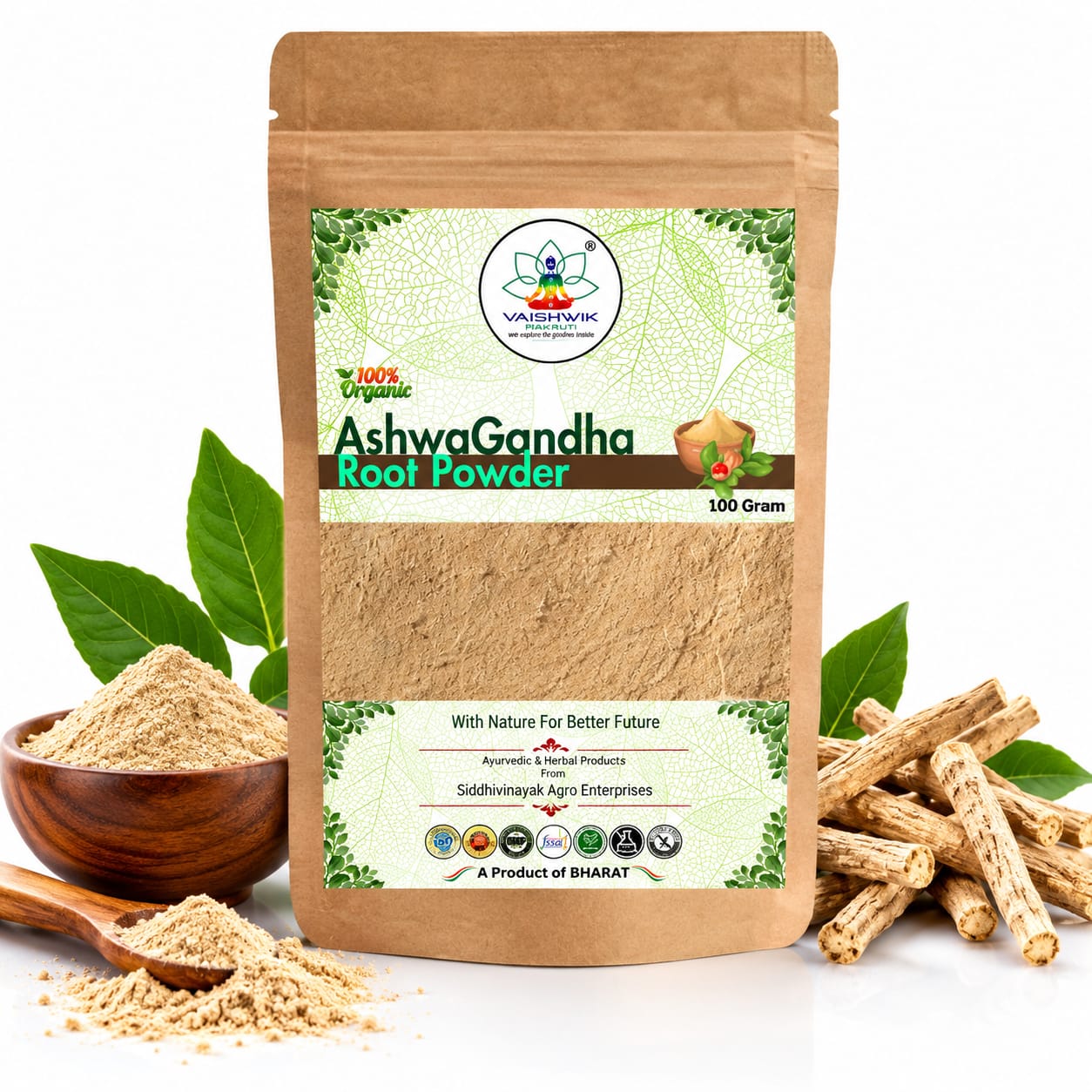 Vaishwik Prakruti Ashwagandha Root Powder 100g in a kraft pouch with ashwagandha roots and powder.