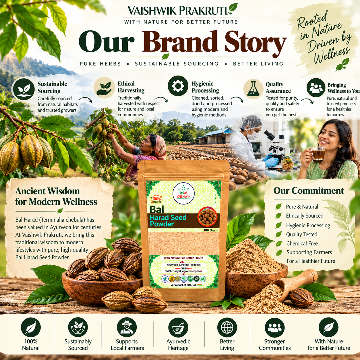 Vaishwik Prakruti Bal Harad Seed Powder 100g brand story showing sustainable sourcing, ethical harvesting, hygienic processing and quality assurance