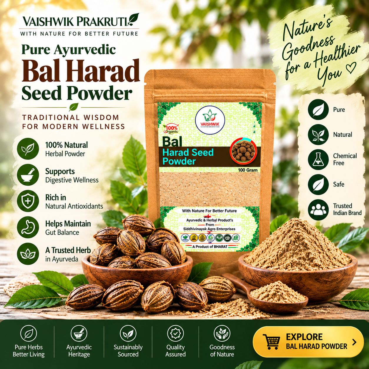 Vaishwik Prakruti Bal Harad Seed Powder 100g premium brand image with natural Bal Harad botanicals and call to action