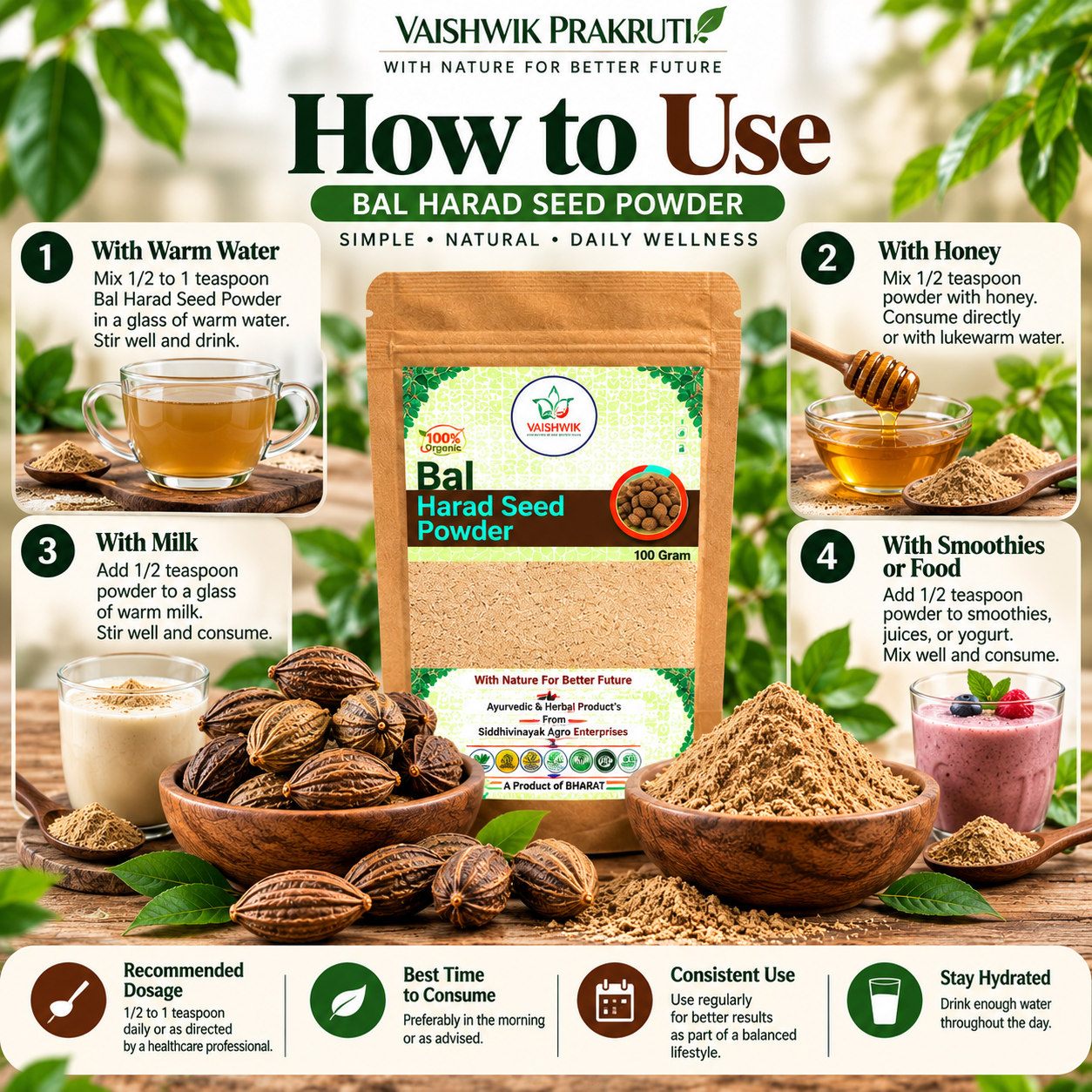 Vaishwik Prakruti Bal Harad Seed Powder 100g how to use infographic showing simple preparation steps