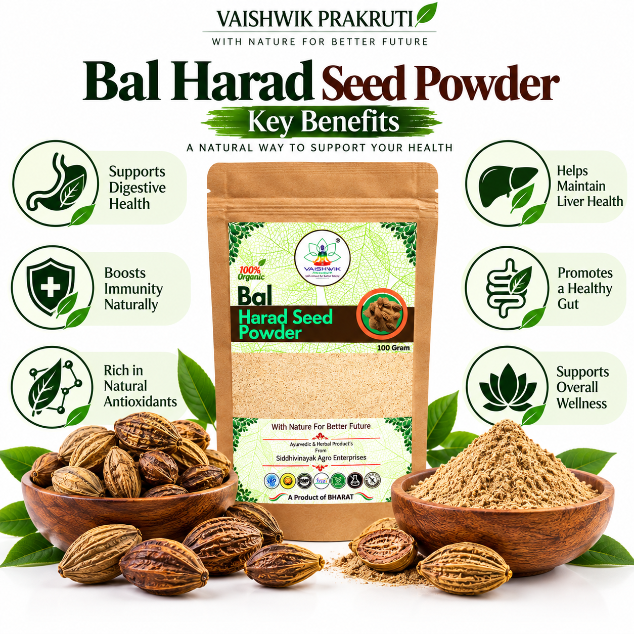 Vaishwik Prakruti Bal Harad Seed Powder 100g product benefits infographic with Bal Harad seeds, powder and botanical ingredients