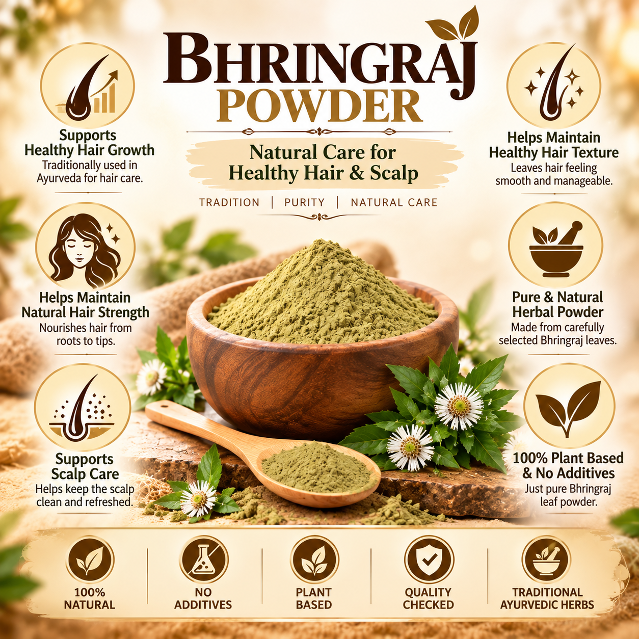 Bhringraj Powder natural herbal hair care benefits infographic with Bhringraj leaf powder