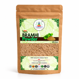 Vaishwik Prakruti Brahmi Powder 100 Gram factual product infographic showing Brahmi leaves, fine powder, processing, natural ingredients and quality certifications