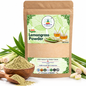 Vaishwik Prakruti Lemongrass Powder 100 Gram pouch with fresh lemongrass leaves, stalks and finely ground powder on a white background