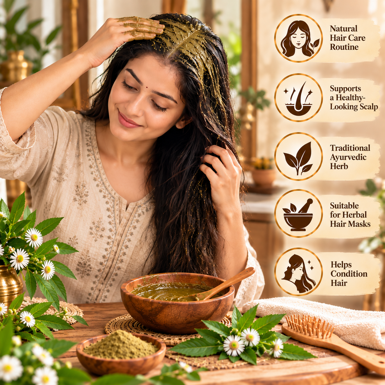 Bhringraj Powder for natural hair care routine with herbal hair mask and Ayurvedic wellness setting