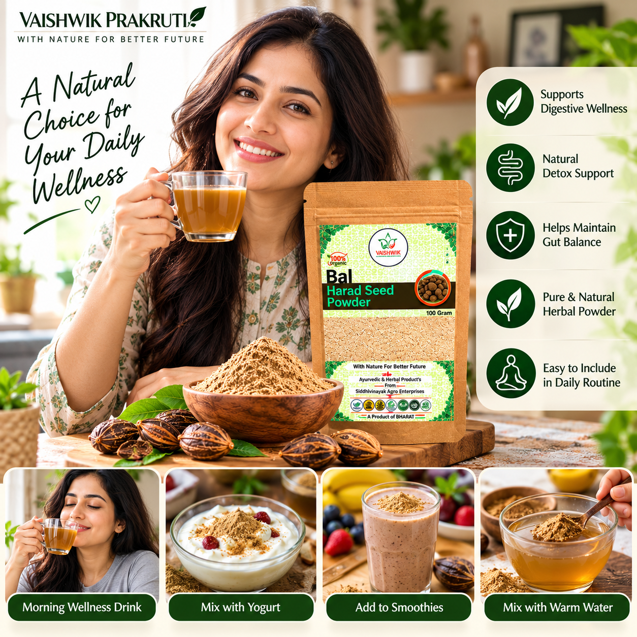 Vaishwik Prakruti Bal Harad Seed Powder lifestyle UGC image featuring an Indian woman using the herbal powder in a natural home setting