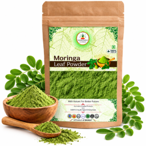 Vaishwik Prakruti Moringa Leaf Powder 100 gram kraft pouch with fresh moringa leaves and green powder on white background