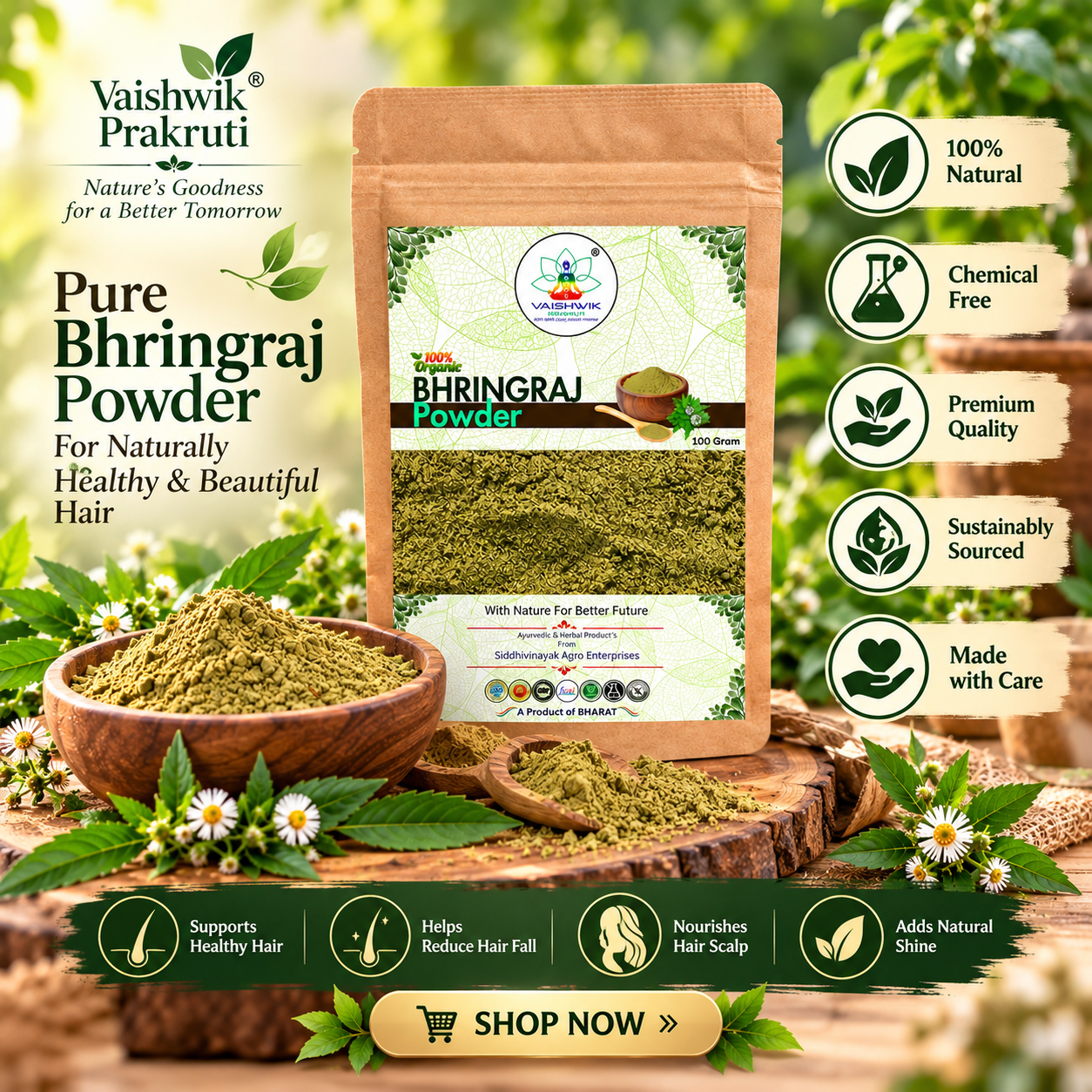 Vaishwik Prakruti Bhringraj Powder 100 Gram with natural Bhringraj leaves and herbal powder, premium Ayurvedic hair care product