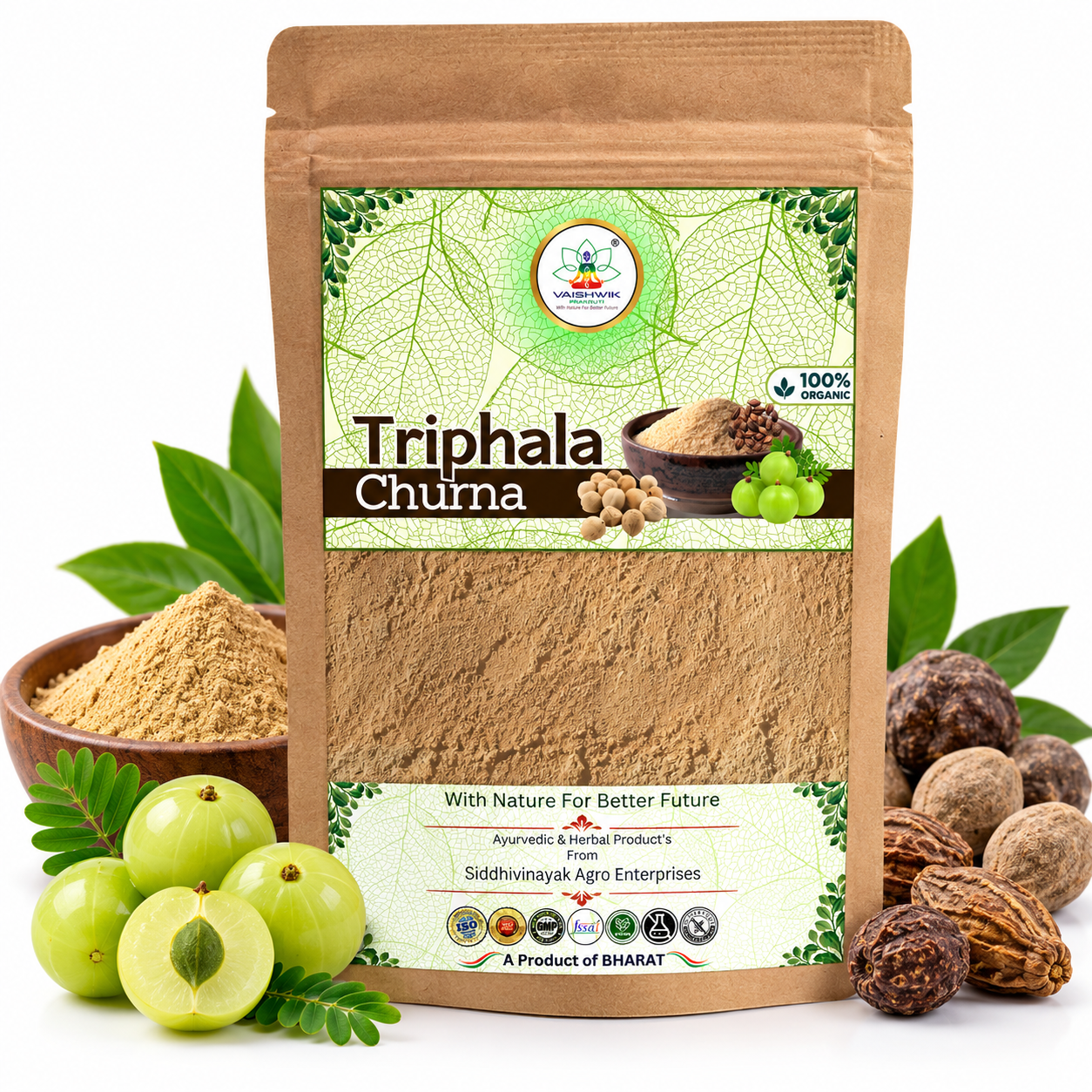 Vaishwik Prakruti Triphala Churna Ayurvedic herbal powder in kraft pouch