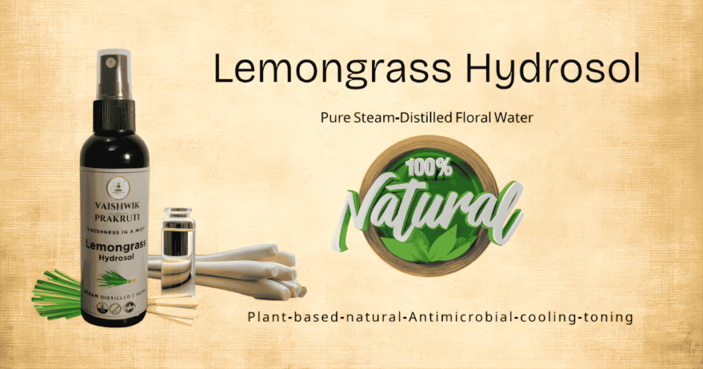 Pure steam-distilled Lemongrass Hydrosol with fresh lemongrass leaves for skin care and natural wellness.