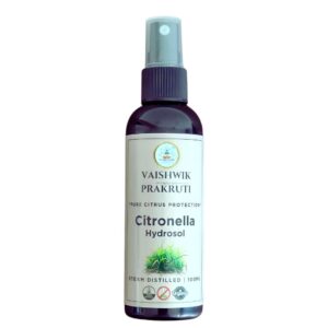 100ml bottle of Citronella Hydrosol with natural lemon-grass background, used for mosquito repellent and aromatherapy.