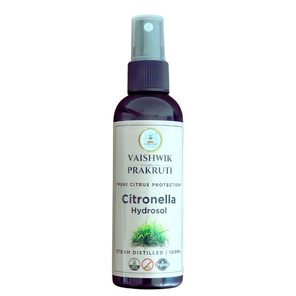 Citronella Hydrosol 100ml – Natural Mosquito Repellent Water 100ml bottle of Citronella Hydrosol with natural lemon-grass background, used for mosquito repellent and aromatherapy.