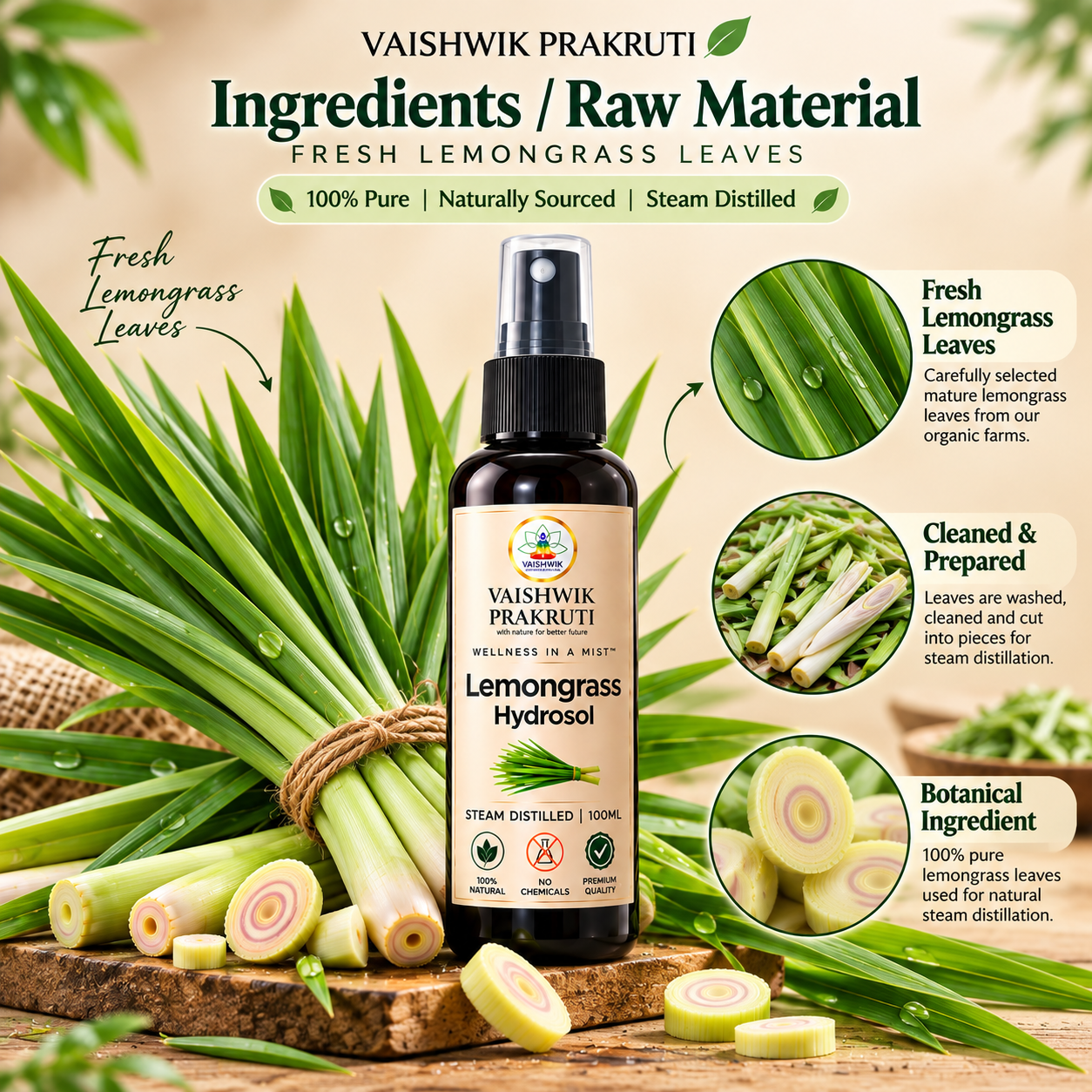 Vaishwik Prakruti Lemongrass Hydrosol 100 ml ingredients infographic showing fresh lemongrass leaves, prepared lemongrass and botanical raw material for steam distillation