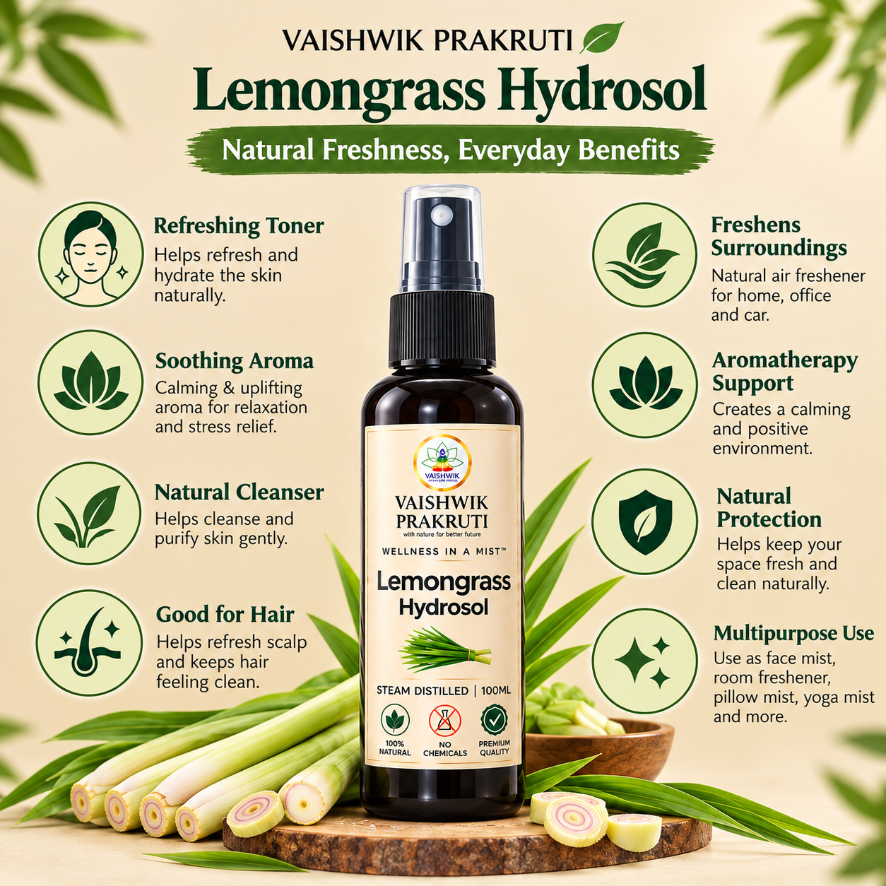 Vaishwik Prakruti Lemongrass Hydrosol 100 ml spray bottle with fresh lemongrass stalks and green leaves on a beige background