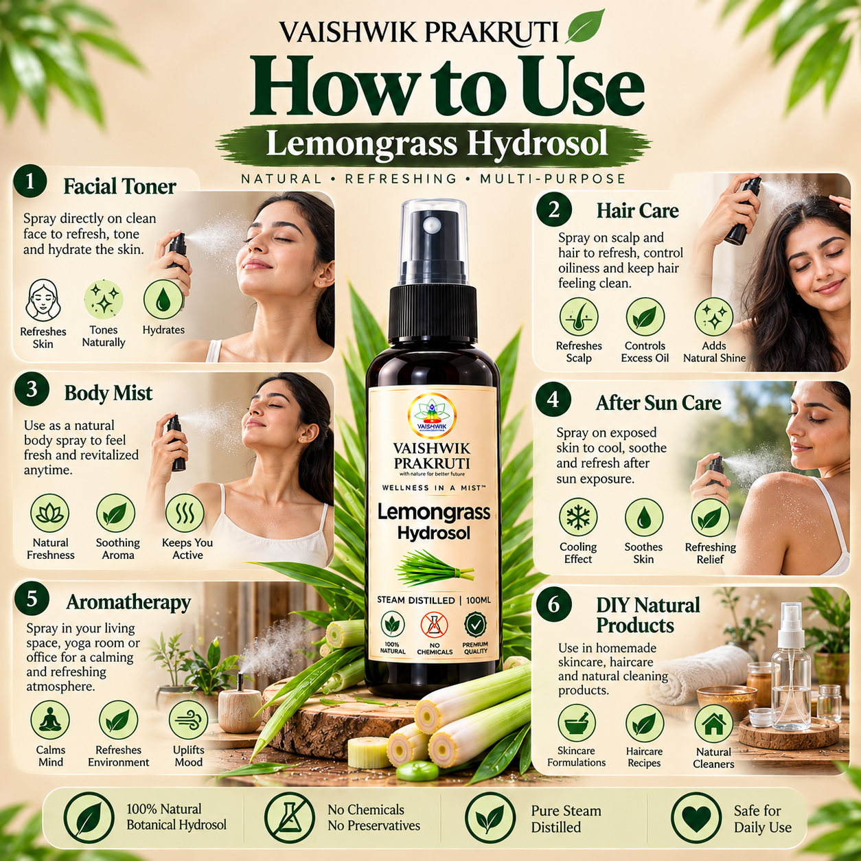 Vaishwik Prakruti Lemongrass Hydrosol 100 ml how-to-use infographic showing facial mist, hair care, body mist, aromatherapy and DIY applications