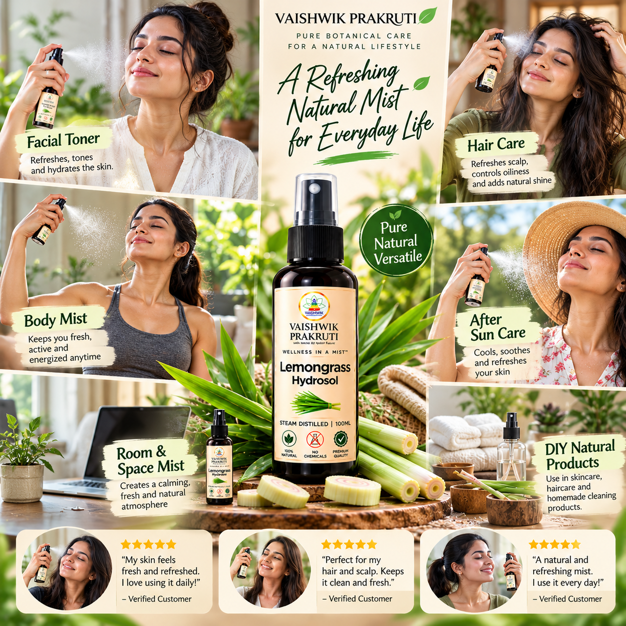 Vaishwik Prakruti Lemongrass Hydrosol 100 ml lifestyle UGC image showing facial mist, hair care, body mist and everyday botanical uses
