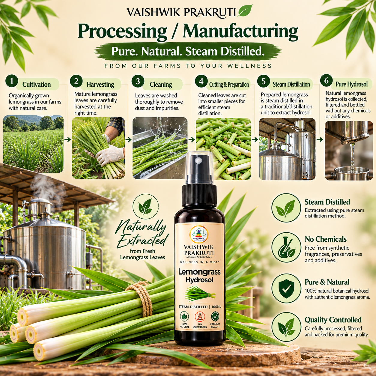Vaishwik Prakruti Lemongrass Hydrosol 100 ml processing infographic showing cultivation, harvesting, cleaning, cutting, steam distillation, filtration and packaging