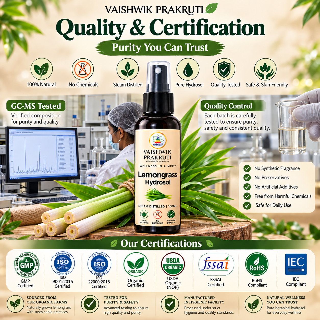 Vaishwik Prakruti Lemongrass Hydrosol quality and certification infographic featuring product quality standards and botanical presentation