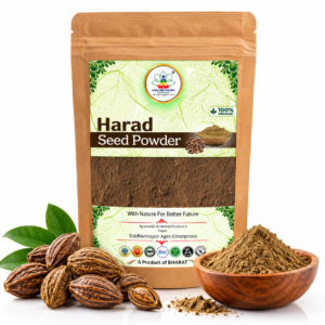 Harad Seed Powder 100 Gram by Vaishwik Prakruti in a kraft pouch, displayed with whole Harad fruits, fresh leaves, and a wooden bowl of finely ground Harad powder.