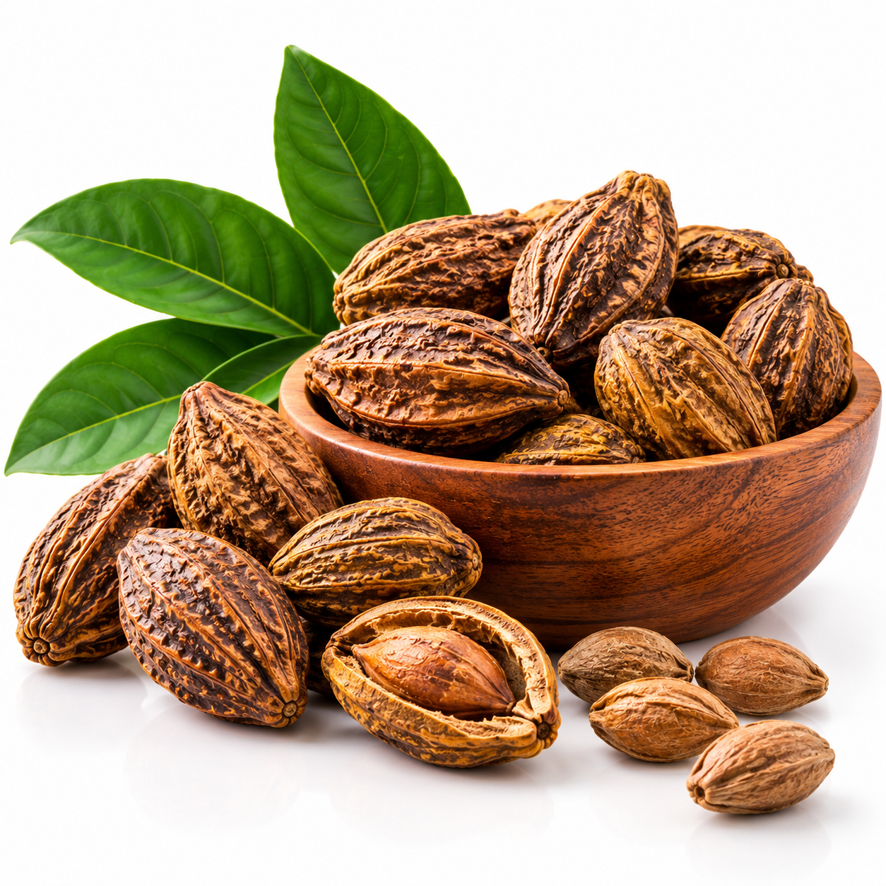 Whole dried Harad fruits with green leaves, arranged in and around a wooden bowl on a clean white background.