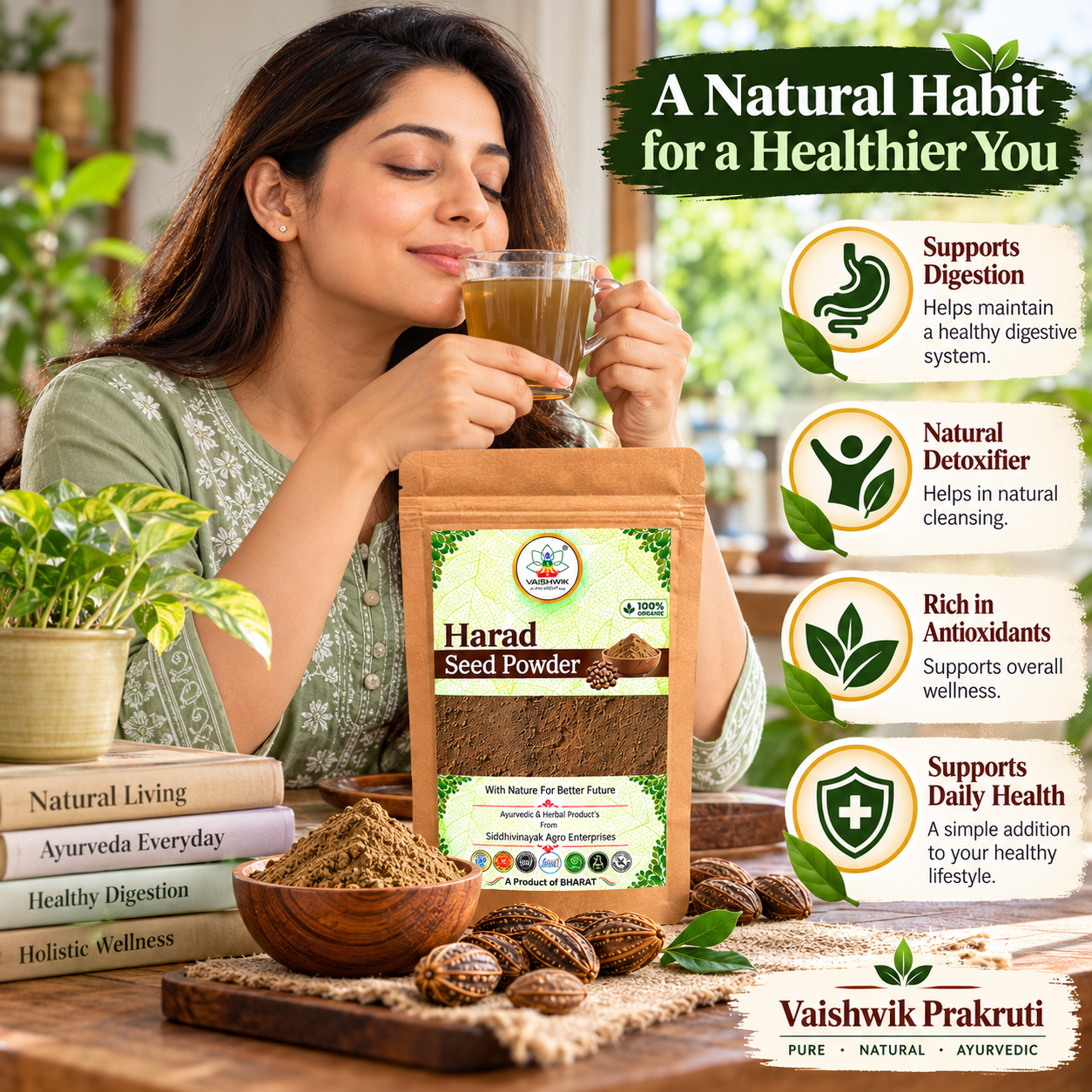 Vaishwik Prakruti Harad Seed Powder lifestyle image featuring a woman drinking a herbal beverage, with Harad powder, dried Harad fruits, and wellness benefits.