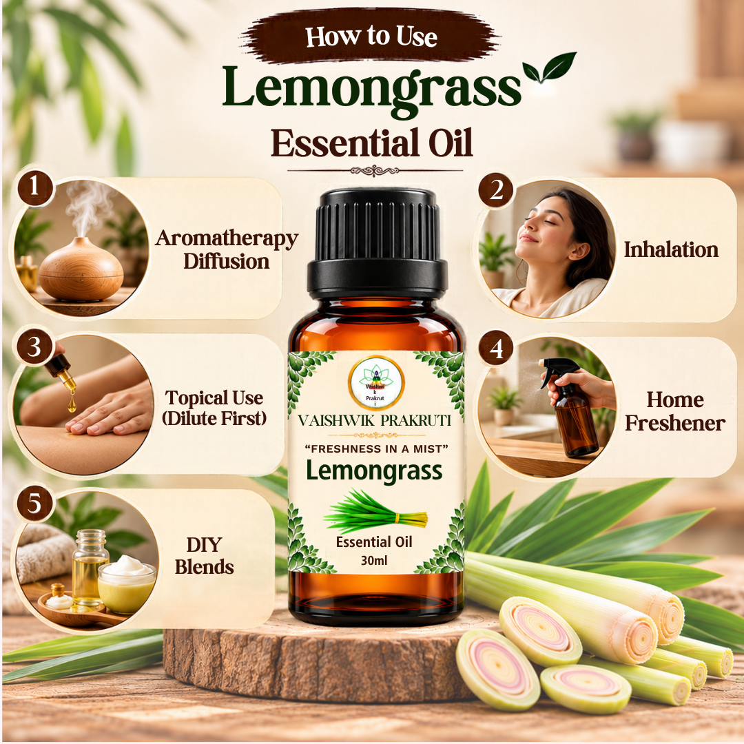 Instructions for using Vaishwik Prakruti Lemongrass Essential Oil 30 ml for suitable aromatic applications