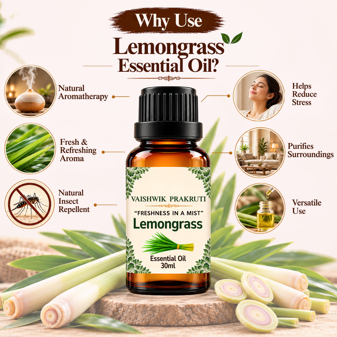 Vaishwik Prakruti Lemongrass Essential Oil 30 ml highlighting its fresh citrus-like aroma and aromatic uses