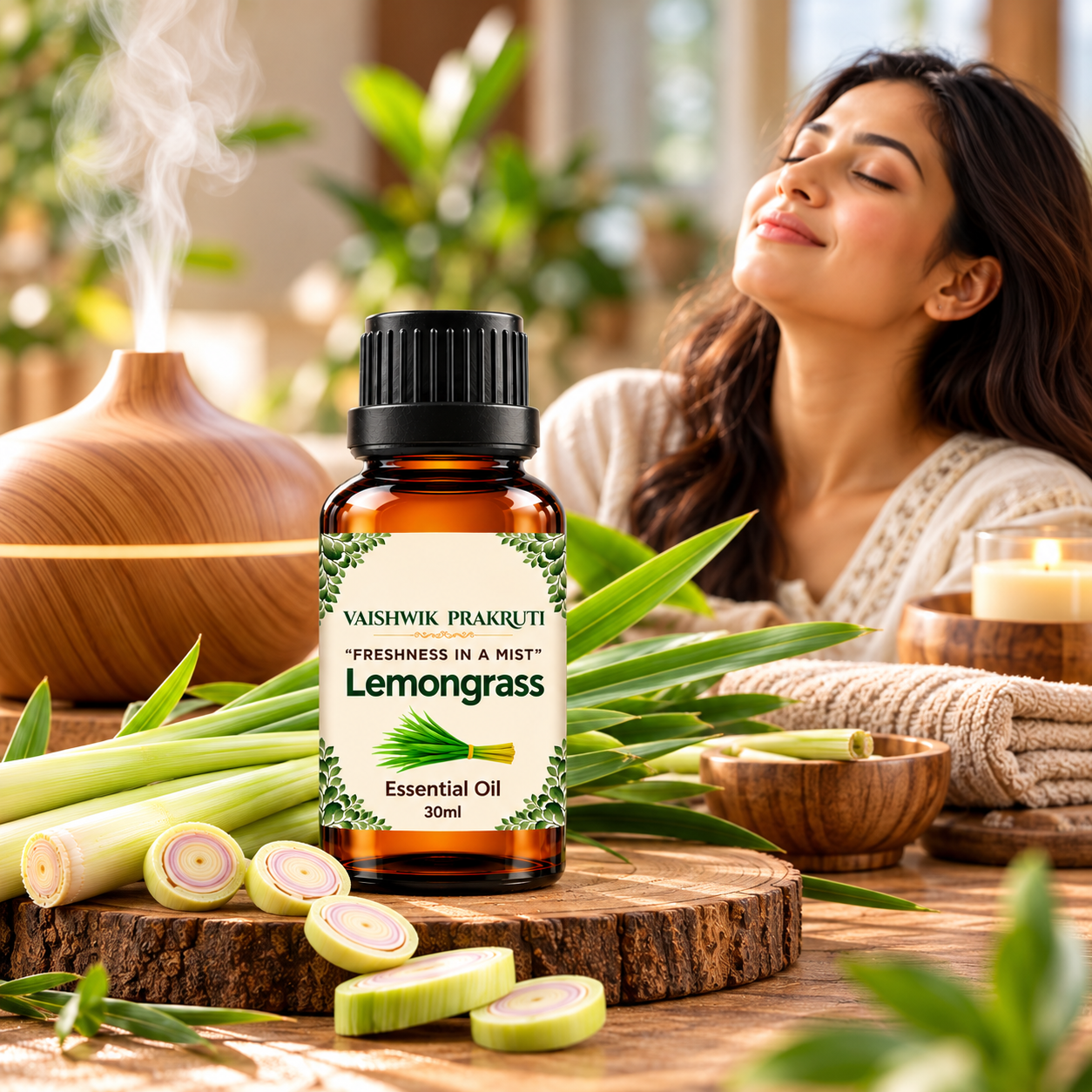 Vaishwik Prakruti Lemongrass Oil 30 ml amber bottle displayed in a natural lifestyle setting with lemongrass leaves