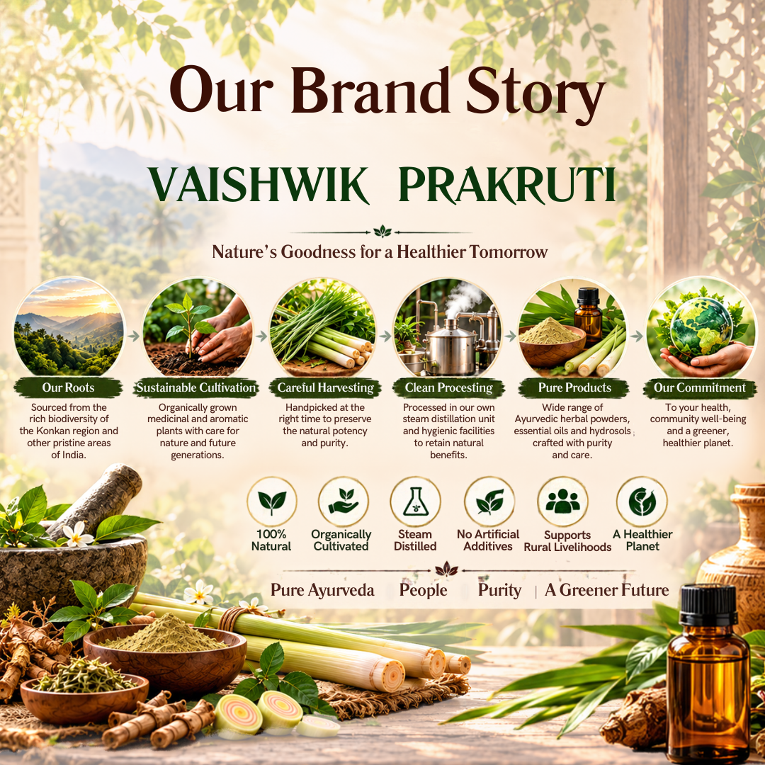 Vaishwik Prakruti Lemongrass Oil 30 ml with aromatic lemongrass leaves representing the brand's botanical product range